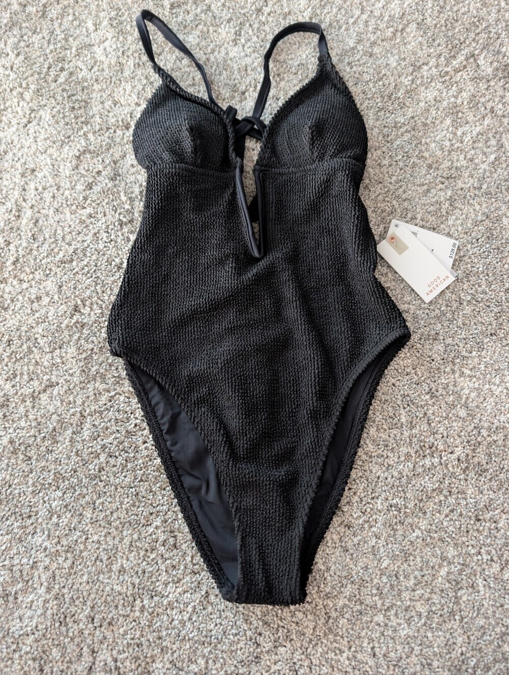 Good American Black Textured One-Piece Swimsuit with Cross Straps S/M